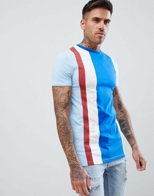 ASOS DESIGN – muscle fit blå longline t-shirt med vertikal färgblock