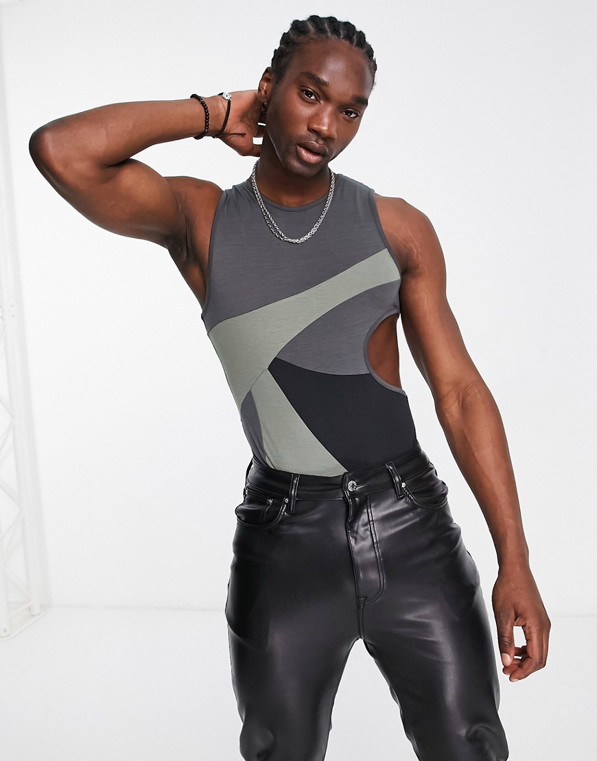 ASOS DESIGN muscle fit bodysuit with grey & black colour block