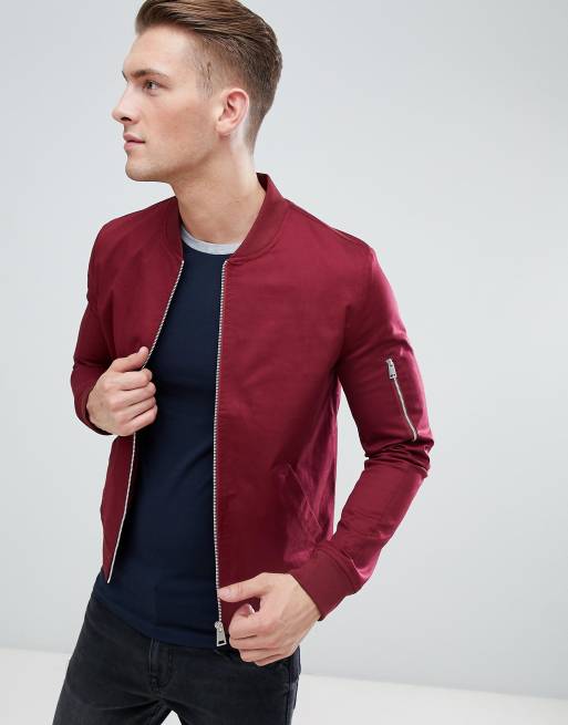 ASOS DESIGN muscle fit bomber jacket with sleeve zip in burgundy