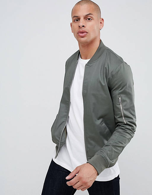 ASOS DESIGN muscle fit bomber jacket with sleeve zip in khaki | ASOS