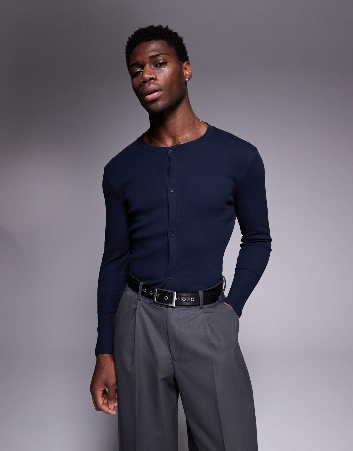 ASOS DESIGN muscle fit boxy button up long sleeve rib t-shirt in navy