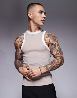 Asos Design Muscle Fit Boxy Racer Tank Top In Neutral