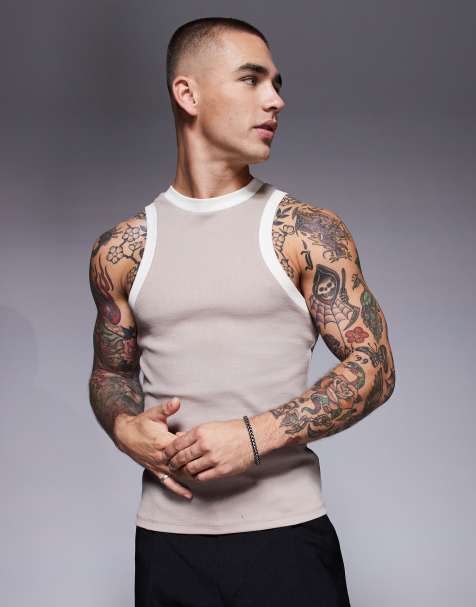 ASOS DESIGN muscle fit boxy racer tank top in stone - view 1