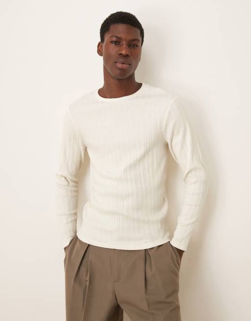 ASOS DESIGN muscle fit boxy textured long sleeve t-shirt in cream rib - CREAM