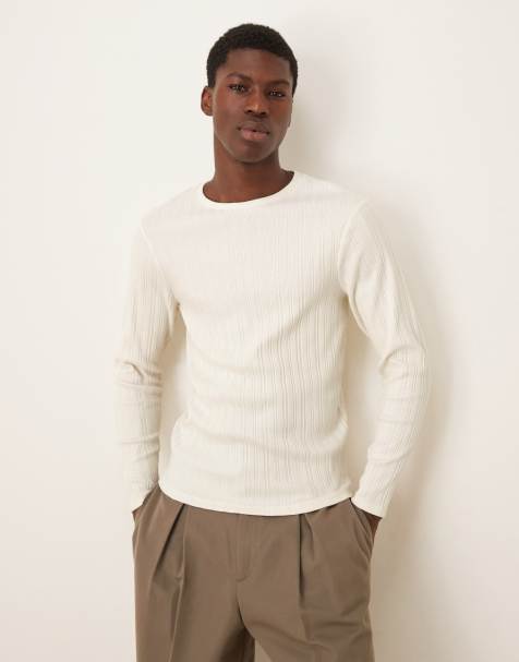 ASOS DESIGN muscle fit boxy textured long sleeve T-shirt in cream rib - view 1