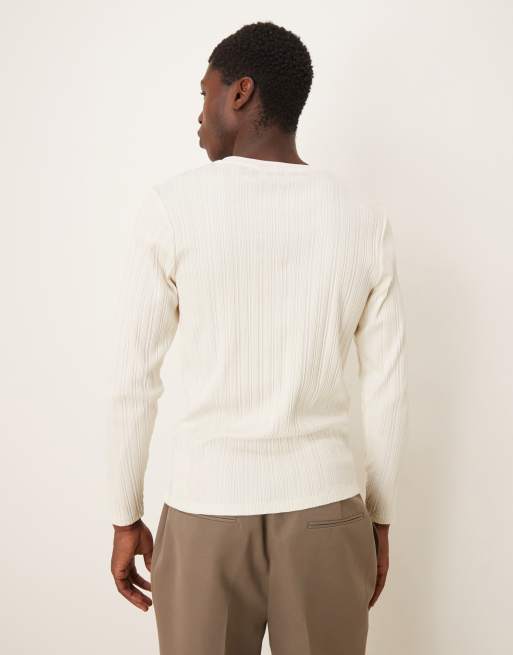 ASOS DESIGN muscle fit boxy textured long sleeve T-shirt in cream rib, 3 of 5