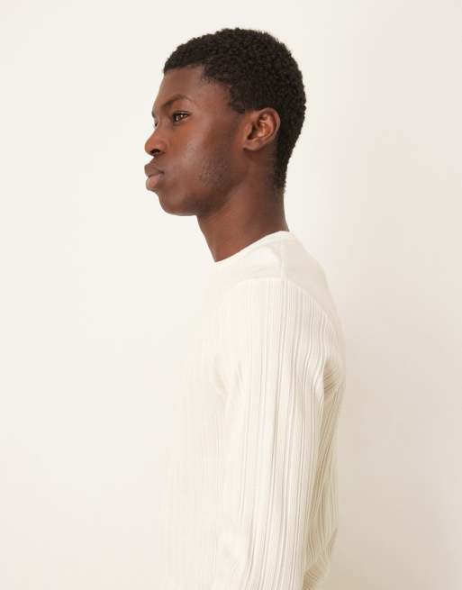 ASOS DESIGN muscle fit boxy textured long sleeve T-shirt in cream rib, 4 of 5