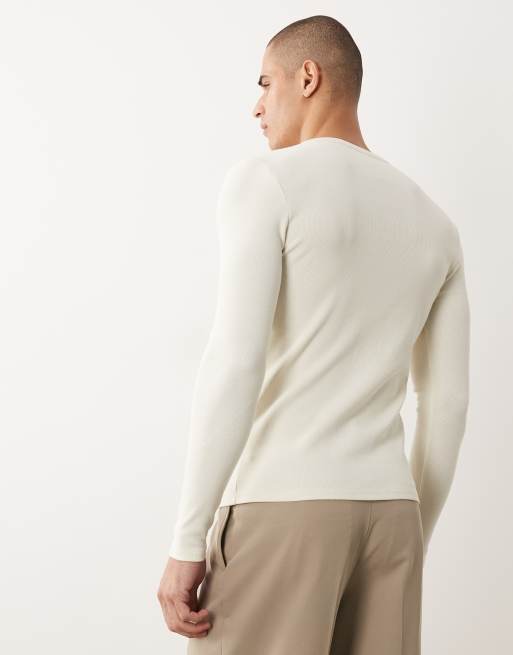 ASOS DESIGN muscle fit button down long sleeve t-shirt in cream rib knit, 5 of 5