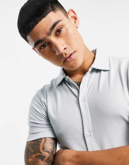 ASOS DESIGN muscle fit button through jersey shirt in grey blue - MBLUE