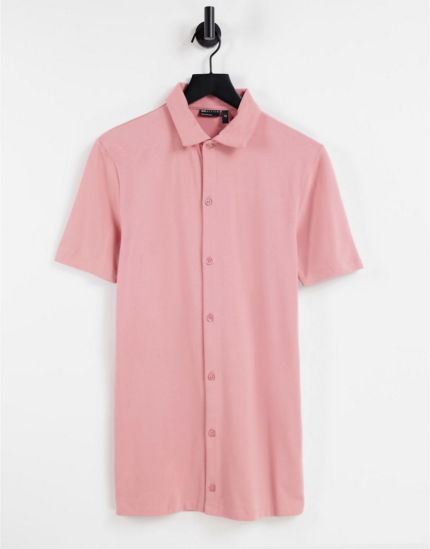 ASOS DESIGN muscle fit button through jersey shirt in washed pink – PINK
