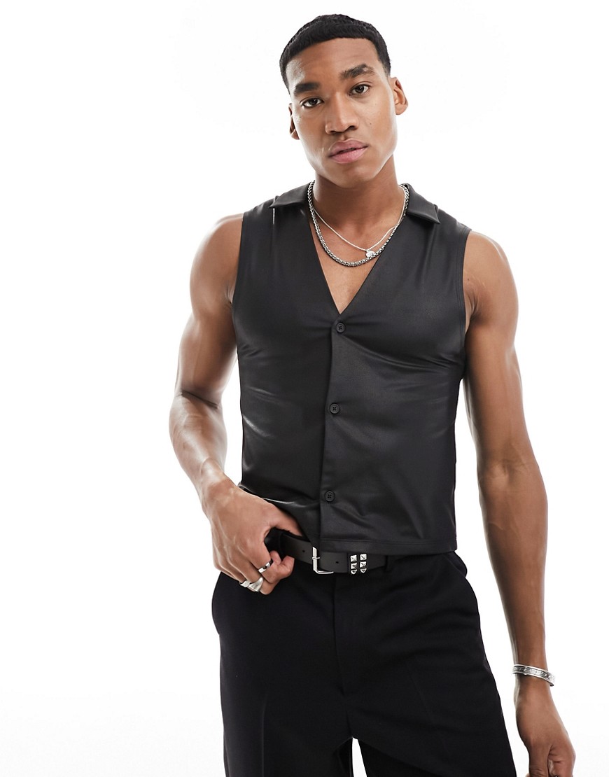 ASOS DESIGN muscle fit button through sleeveless polo in black faux leather