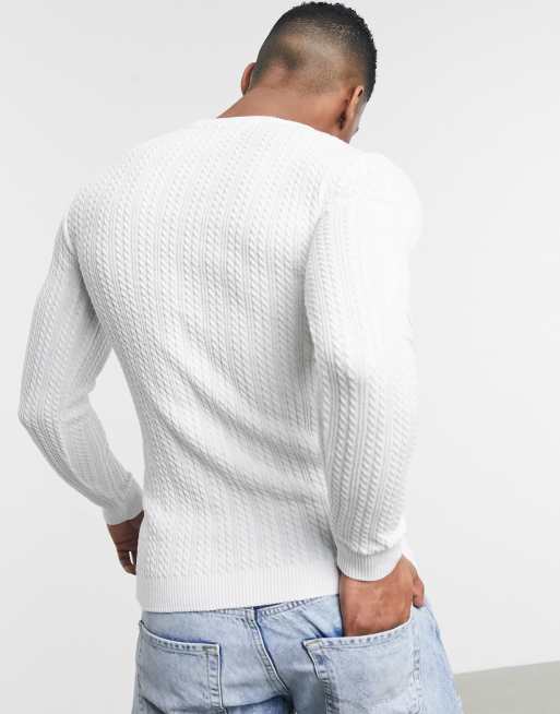 ASOS DESIGN muscle fit cable knit jumper in white