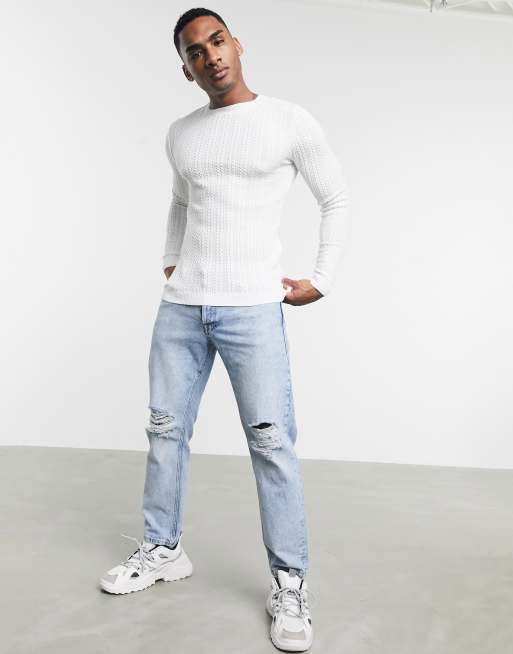 ASOS DESIGN muscle fit cable knit jumper in white