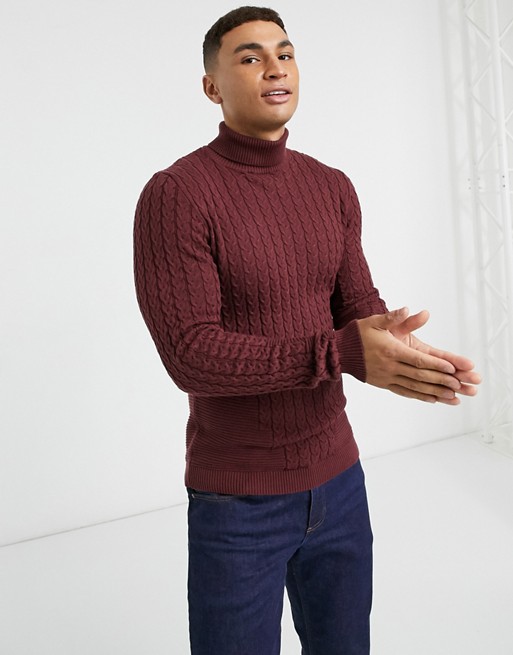 ASOS DESIGN muscle fit cable roll neck jumper in burgundy