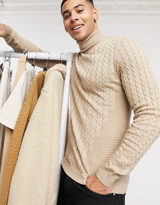 ASOS DESIGN muscle fit cable roll neck jumper in oatmeal