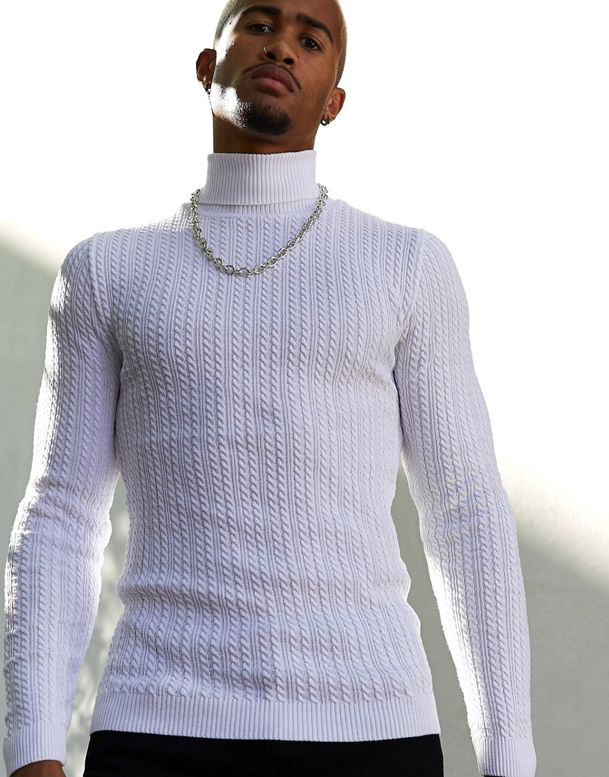 ASOS DESIGN muscle fit cable roll neck jumper in white