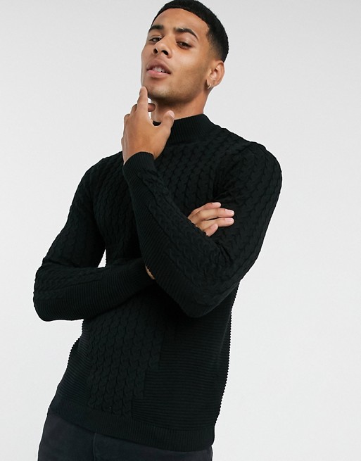 ASOS DESIGN muscle fit cable turtle neck jumper in black