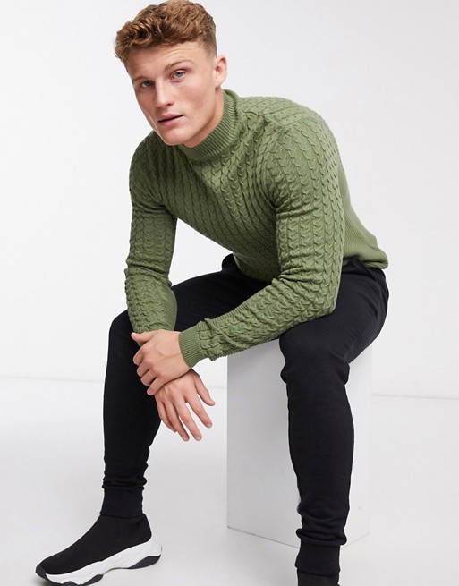 ASOS DESIGN muscle fit cable turtle neck jumper in olive
