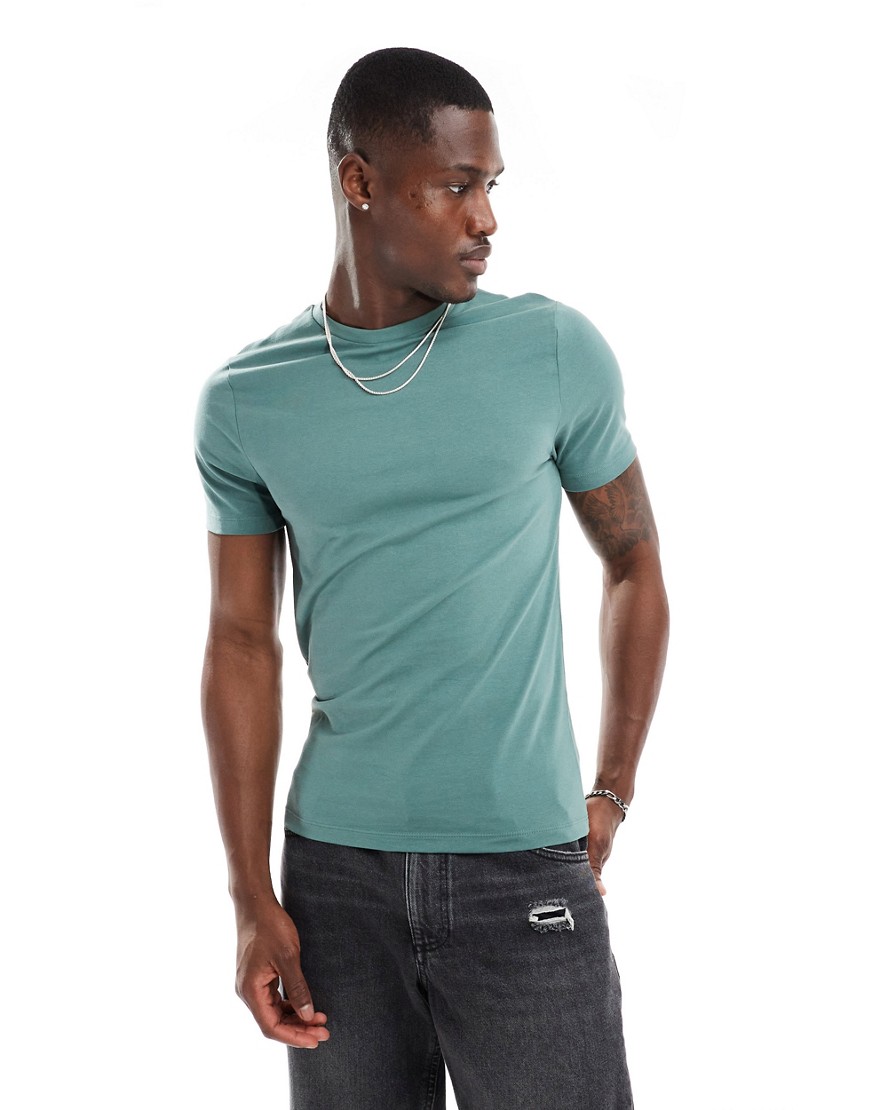 ASOS DESIGN muscle fit crew neck t-shirt in khaki-Green