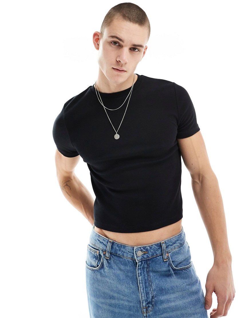 ASOS DESIGN muscle fit cropped rib t-shirt with crew neck in black