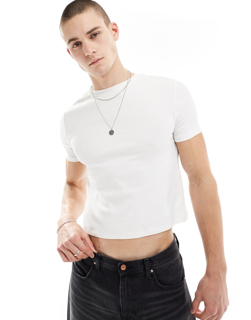 ASOS DESIGN muscle fit cropped rib t-shirt with crew neck in white