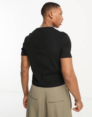 Asos Design Muscle Fit Cropped Ribbed T-shirt With Crew Neck In Black