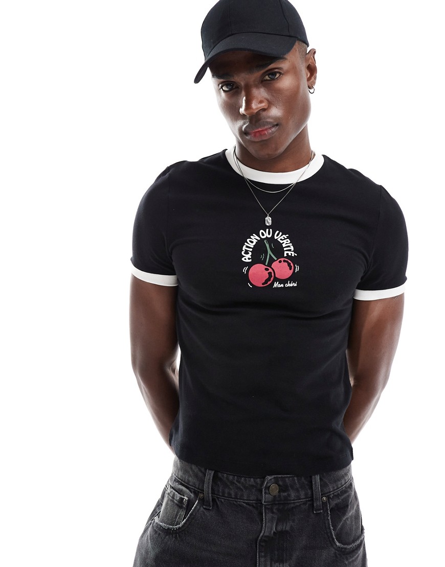 ASOS DESIGN muscle fit cropped t-shirt in black with cherry chest print