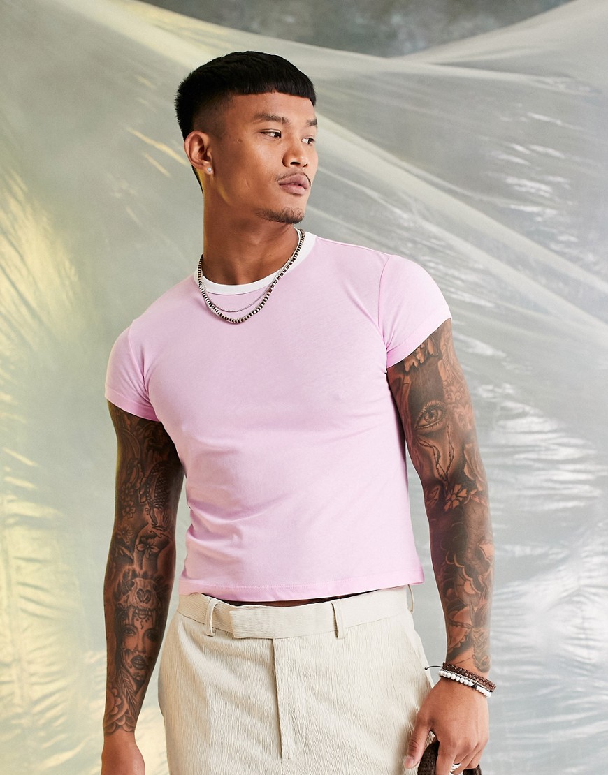 ASOS DESIGN muscle fit cropped t-shirt in pink with white contrast ringer