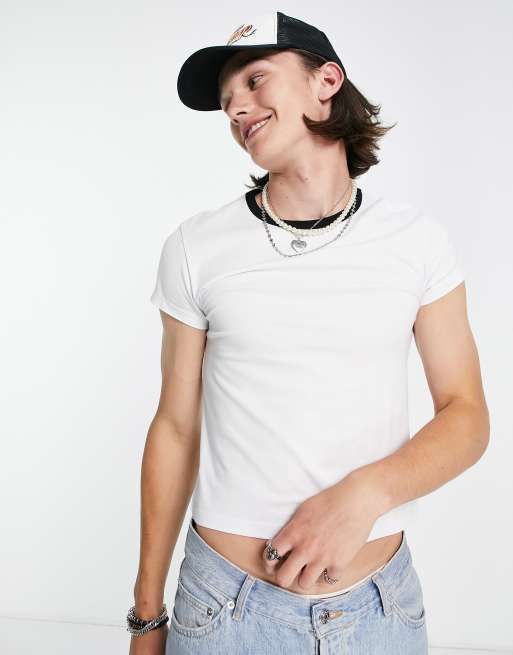 ASOS DESIGN muscle fit cropped t-shirt in white with black contrast ringer 