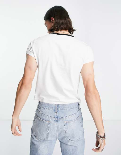 ASOS DESIGN muscle fit cropped t-shirt in white with black contrast ringer , 2 of 4