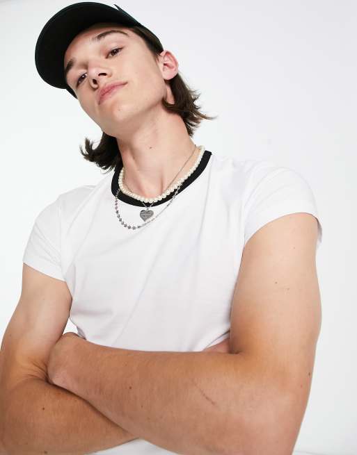 ASOS DESIGN muscle fit cropped t-shirt in white with black contrast ringer , 3 of 4