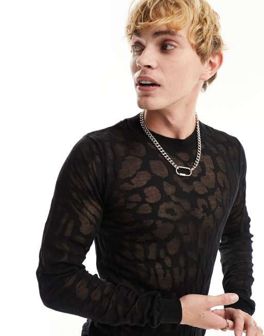 ASOS DESIGN - Muscle fit devore trui met dierenprint in zwart