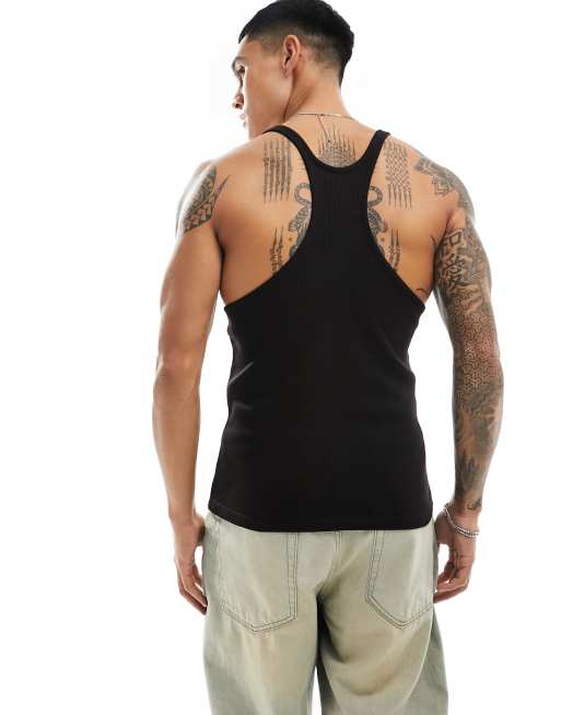 ASOS DESIGN muscle fit extreme racerback rib singlet in black
