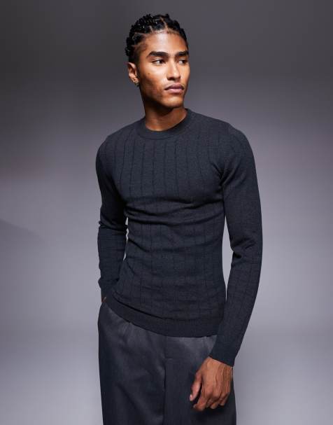 ASOS DESIGN - Muscle-fit gebreid T-shirt met lange mouwen en ribbels in antracietgrijs - view 1