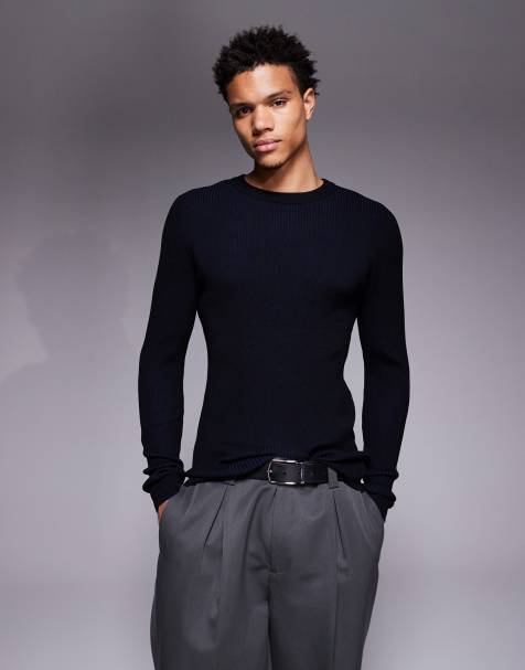 ASOS DESIGN - Muscle fit gebreid T-shirt met ribbels in zwart/blauw - view 1