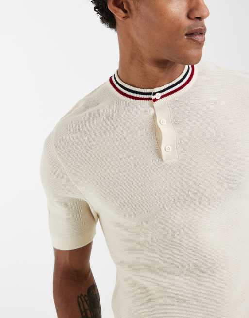 ASOS DESIGN - Muscle fit gebreide henley met gekleurd randje in ecru, 5 van 5