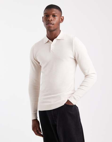 ASOS DESIGN - Muscle fit gebreide polo met textuur in ecru - view 1