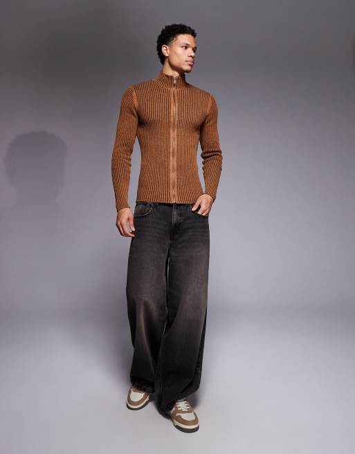 ASOS DESIGN - Muscle fit geribbeld gebreid jack met rits in bruin met wassing, 2 van 5