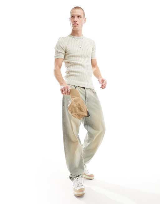 ASOS DESIGN - Muscle fit geribbeld gebreid T-shirt in stone, 3 van 4