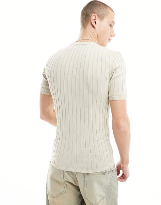 ASOS DESIGN - Muscle fit geribbeld gebreid T-shirt in stone, 4 van 4