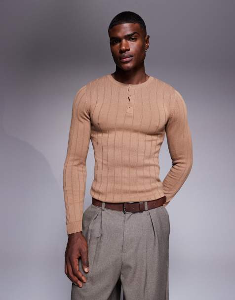 ASOS DESIGN - Muscle fit geribbeld gebreid T-shirt met lange mouwen en henley-hals in bruin - view 1