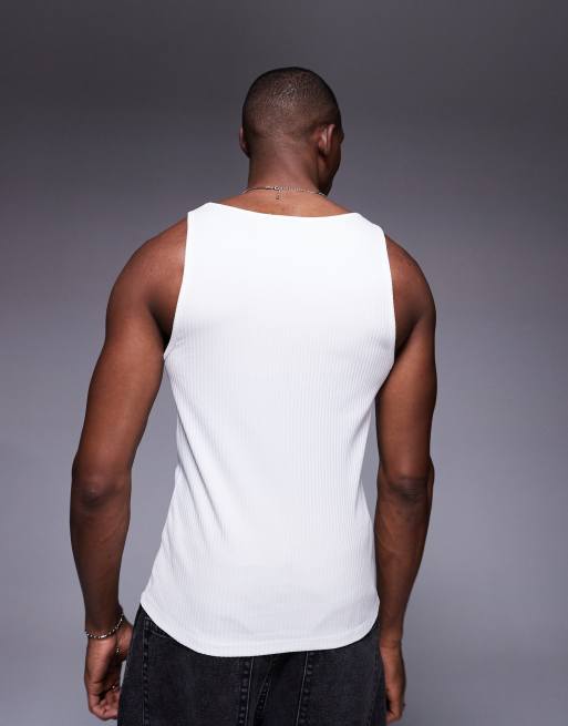 ASOS DESIGN - Muscle fit geribbeld hemd van zware stof met vierkante hals in wit , 3 van 4