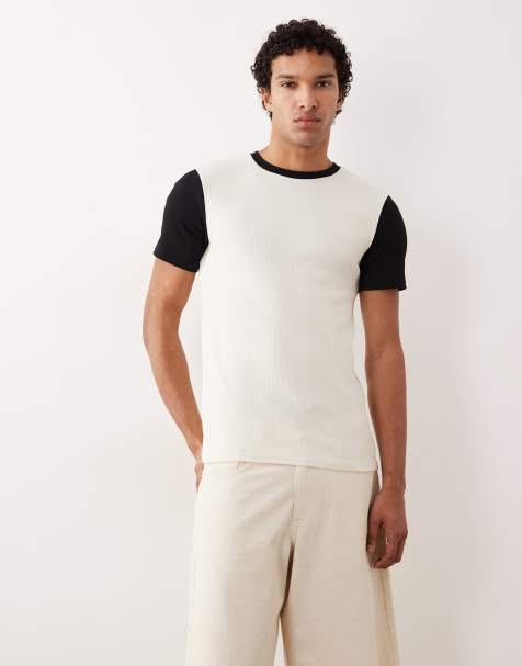 ASOS DESIGN - Muscle-fit geribbeld T-shirt met contrasterende mouwen in crème - view 1