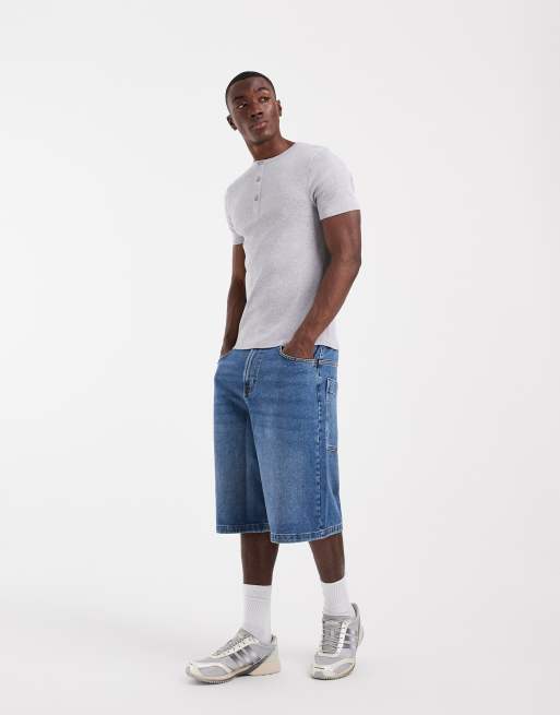 ASOS DESIGN - Muscle fit geribbeld T-shirt met Henley-hals in gemêleerd grijs, 2 van 5