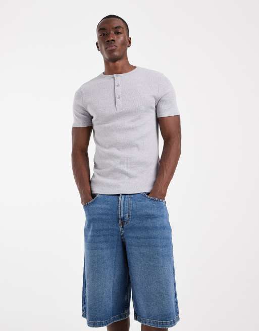 ASOS DESIGN - Muscle fit geribbeld T-shirt met Henley-hals in gemêleerd grijs, 3 van 5