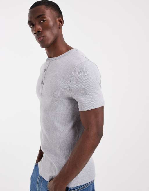 ASOS DESIGN - Muscle fit geribbeld T-shirt met Henley-hals in gemêleerd grijs, 5 van 5