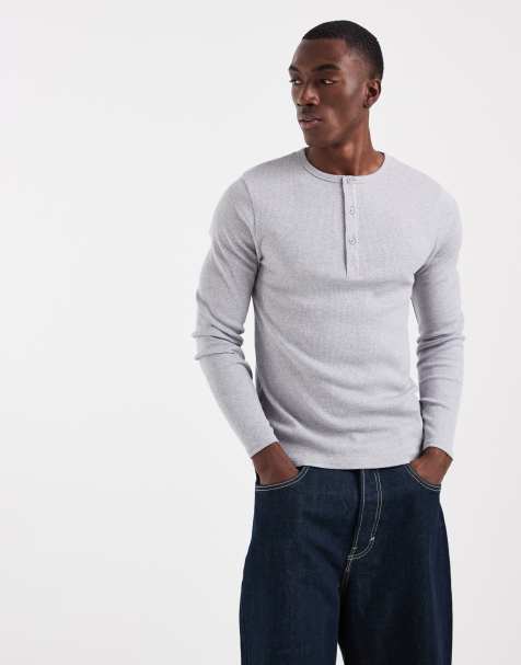 ASOS DESIGN - Muscle fit geribbeld T-shirt met lange mouwen en Henley-hals in grijs gemêleerd - view 1