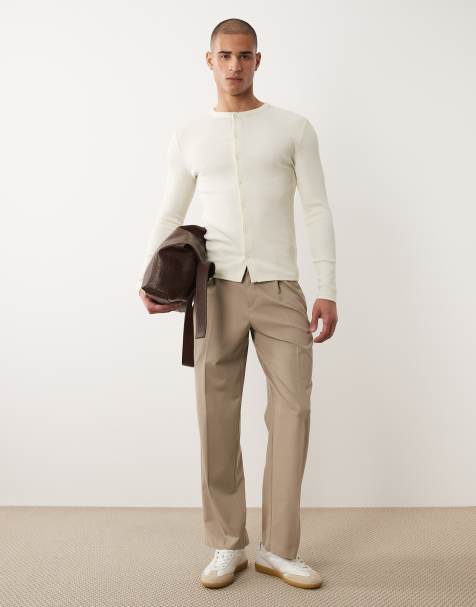 ASOS DESIGN - Muscle fit geribbeld T-shirt met lange mouwen en knoopsluiting in crème - view 1