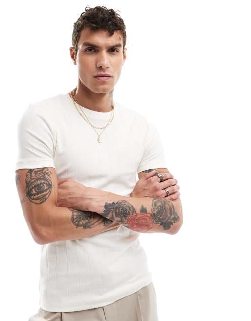 ASOS DESIGN - Muscle fit geribbeld T-shirt met textuur in crème
