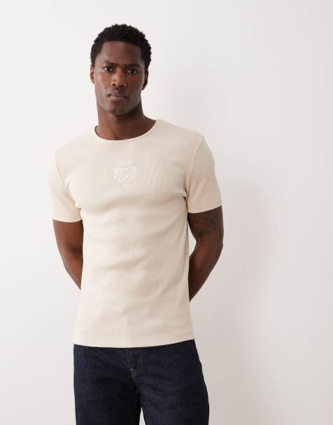 ASOS DESIGN - Muscle fit geribbeld T-shirt van superzware stof met geborduurde bloemen en textuur in beige - view 1